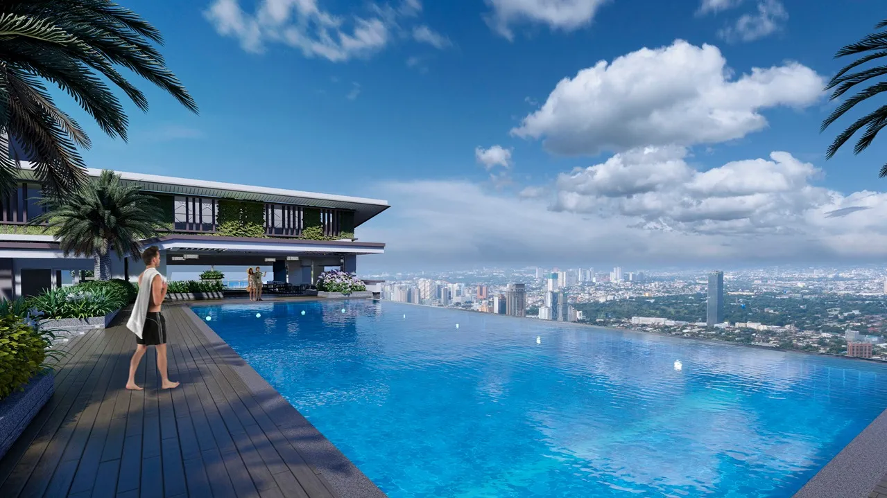 Infinity pool and skyline view at Sage Residences by DMCI Homes in Mandaluyong City